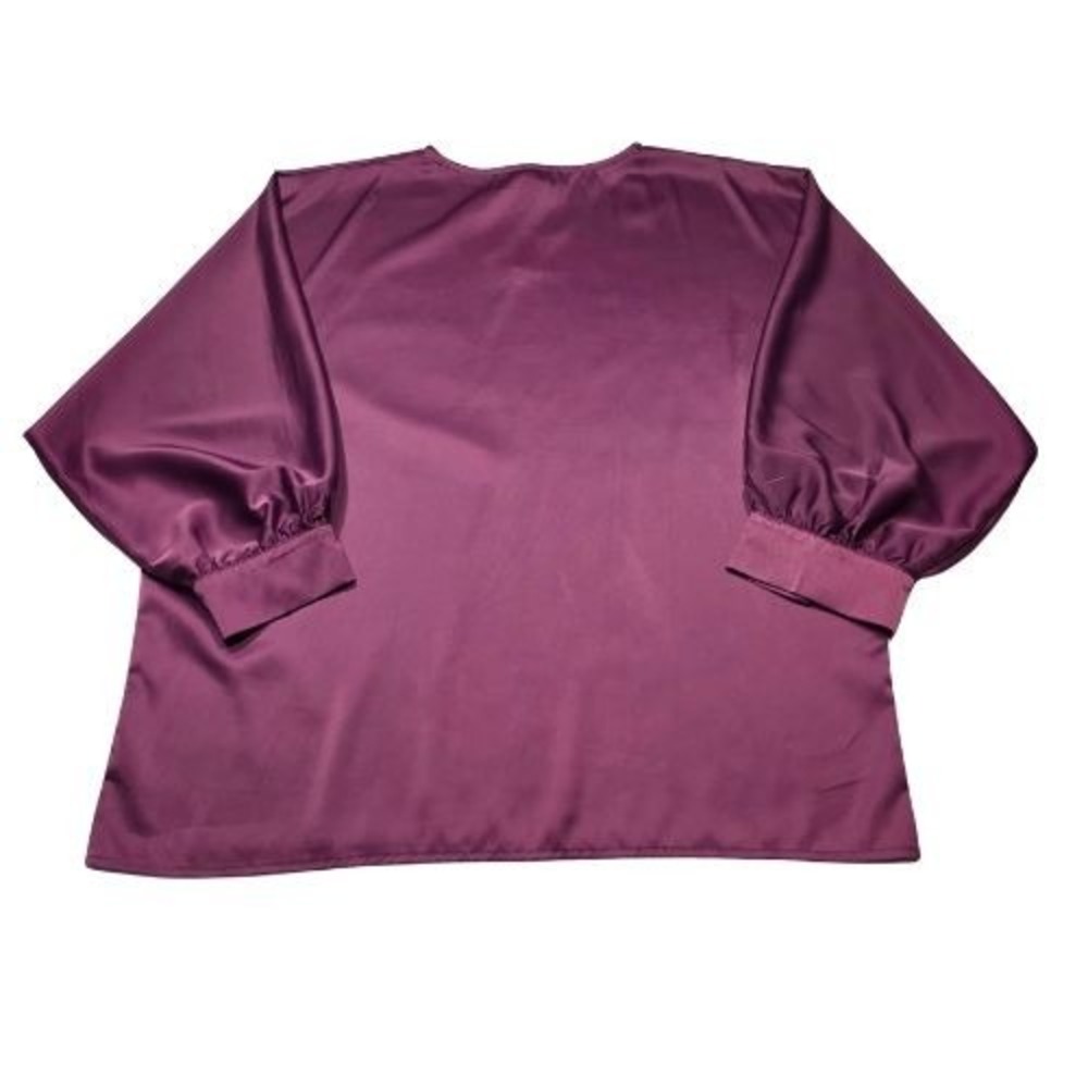 XL Plum Purple Satin Lantern Sleeve Blouse Round Neck Keyhole Top Baggy Career